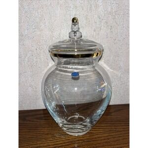 Bohemia Crystal Apothecary Jar w/ Lid Gold Trim - Czech‎ Republic 12" Vintage